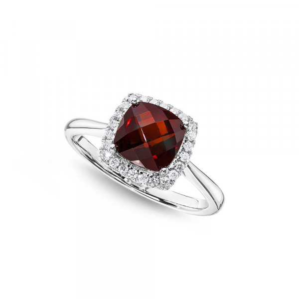 Garnet Ring 7x7mm Cushion Garnet 0.15ct Diamonds 18K White Gold