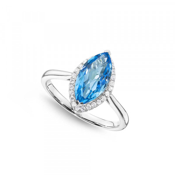 Marquise Blue Topaz Ring 6x12mm Topaz 0.13ct Diamonds 18K White Gold