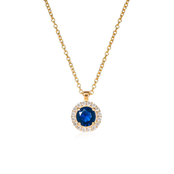 Gold Plated Sterling Silver Blue Round Halo Pendant Necklace
