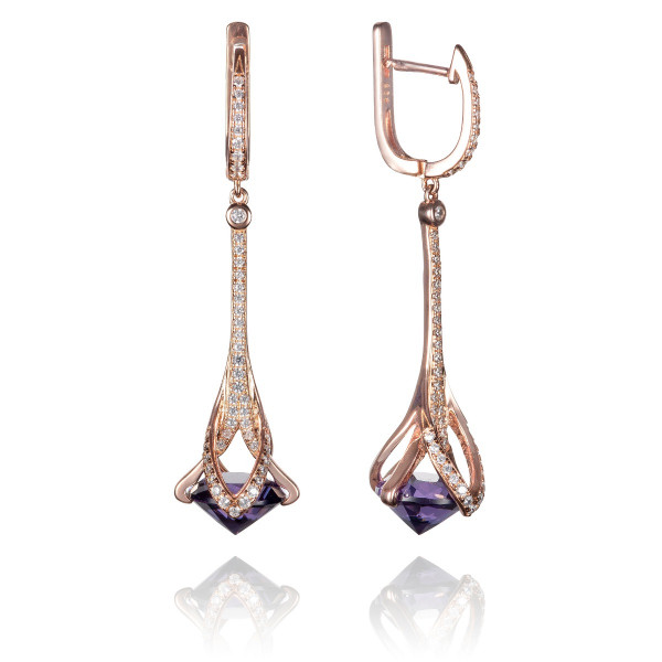 Rose Gold Plated Dangle Earrings with Purple Stones in 925 Silver
