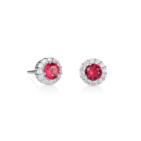 Sterling Silver Red Round Halo Stud Earrings