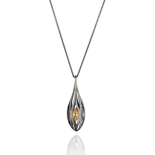  Long Black Pendant Necklace in Sterling Silver with Multicoloured Gemstones