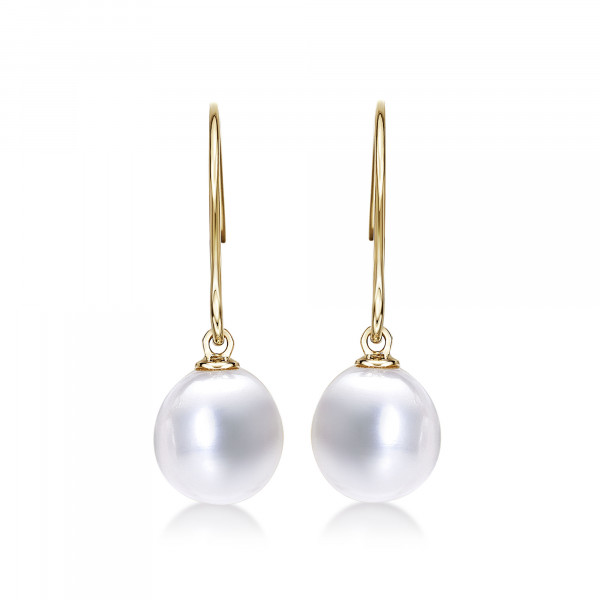 Pearl Drop Earrings with White Freshwater Drop Pearls in 9K Yellow Gold