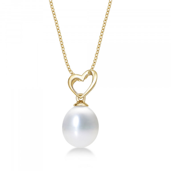 Freshwater Pearl Drop Necklace with Tilting Heart 9K Yellow Gold