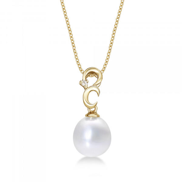 Pearl Necklace with Single Pearl & Cubic Zirconia Stone 9K Yellow Gold
