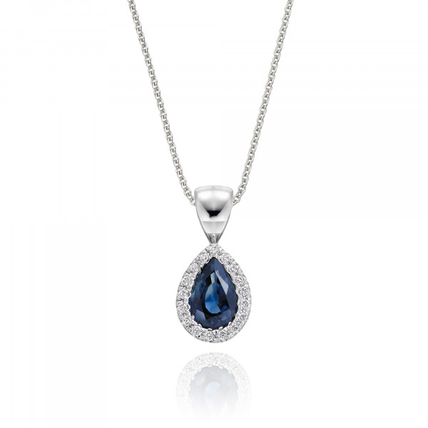 0.50ct Blue Sapphire Pendant Necklace 0.05ct Diamond 18K White Gold