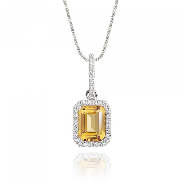 1.10ct Citrine Drop Pendant Necklace With Diamond Halo 9K White Gold