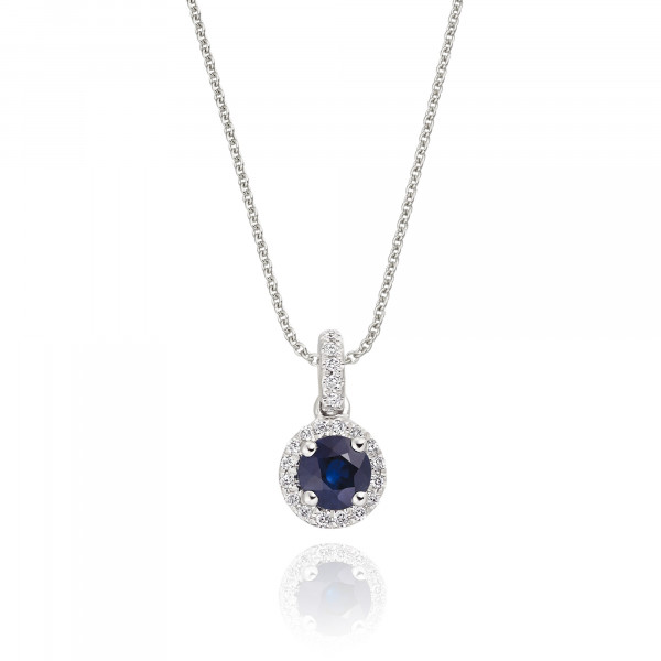 0.33ct Blue Sapphire Pendant Necklace 0.07ct Diamond 18K White Gold