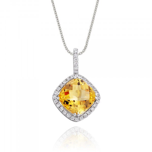 2.15ct Cushion Citrine Pendant Necklace With Diamonds 18K White Gold