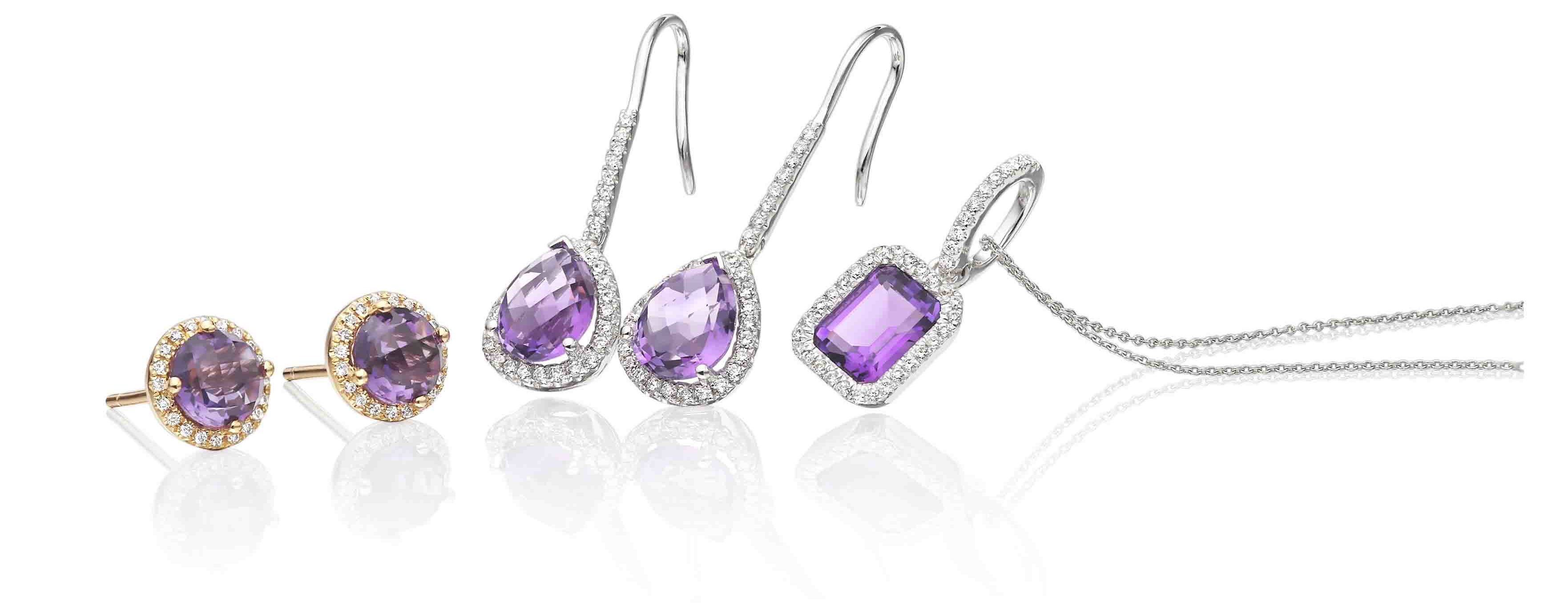 Amethyst earrings made from white and yellow gold and necklace made from white gold