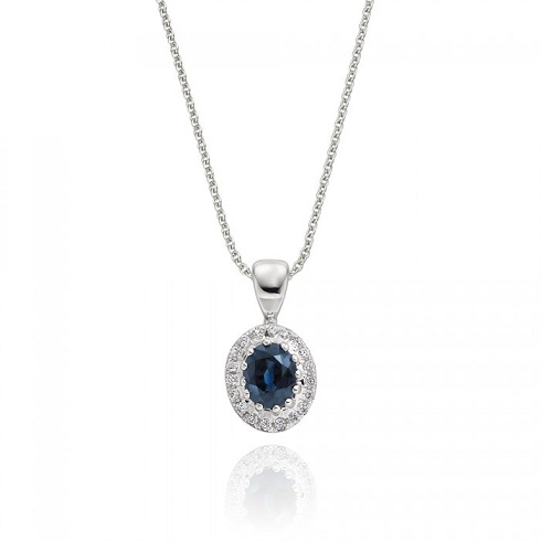 0.40ct Blue Sapphire Pendant Necklace 0.05ct Diamond 9K White Gold