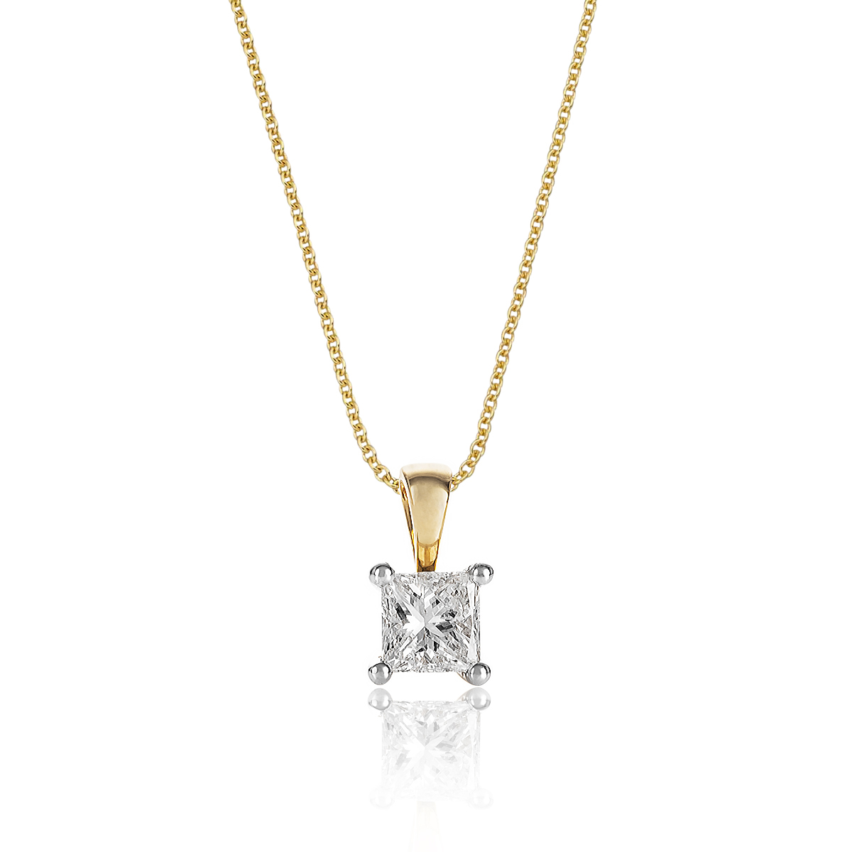 Solitaire 0.30ct 4 Claw Princess Cut Diamond Pendant Necklace In 18K Yellow  Gold