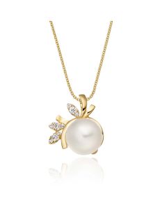 Freshwater Single Pearl Pendant Necklace 0.08ct Diamond 9K Yellow Gold