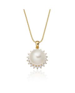 Freshwater Single Pearl Pendant 0.17ct Diamond Halo 9K Yellow Gold