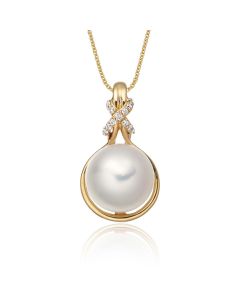 Freshwater Single Pearl Pendant 0.06ct Diamond Knot 9K Yellow Gold