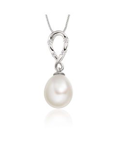 Freshwater Single Pearl Drop Pendant 0.08ct Diamond 9K White Gold