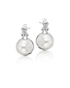 Freshwater Pearl Diamond Drop Earrings 0.08ct Diamond 9K White Gold