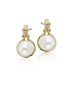 Freshwater Pearl Diamond Drop Earrings 0.08ct Diamond 9K Yellow Gold