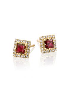 0.65ct Ruby Earrings with Diamond Halo 9K Yellow Gold