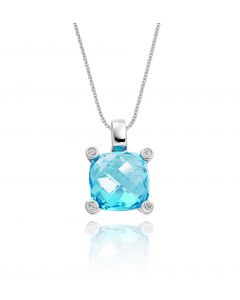 4.05ct Cushion Blue Topaz With 0.03ct Diamond Pendant In 9K White Gold