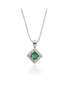 0.27ct Emerald Pendant Necklace 0.06ct Diamond 9K White Gold