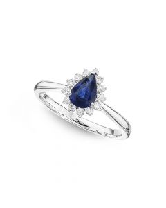 Sapphire Ring 5x7mm Pear Sapphire & 0.20ct Diamonds in 18K White Gold