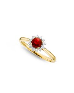 Ruby Ring 5mm Round Ruby & 0.18ct Diamond Halo in 18K Yellow Gold