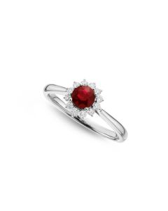 Ruby Ring 5mm Round Ruby & 0.18ct Diamond Halo 18K White Gold