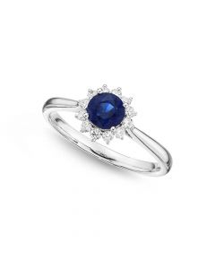 Sapphire Ring 5mm Blue Sapphire & 0.18ct Diamond Halo 18K White Gold