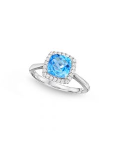Blue Topaz Ring 7x7mm Cushion Topaz 0.15ct Diamonds 18K White Gold