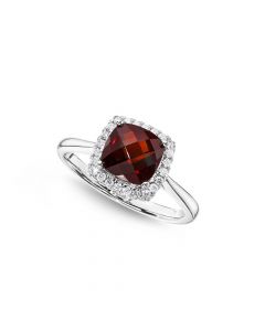 Garnet Ring 7x7mm Cushion Garnet 0.15ct Diamonds 18K White Gold