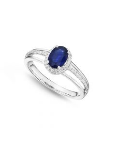 Sapphire Ring 5x7mm Oval Sapphire & 0.14ct Diamonds in 18K White Gold