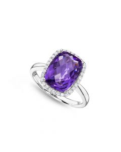 Cushion Amethyst Ring 9x12mm Amethyst & 0.21ct Diamonds 18K White Gold