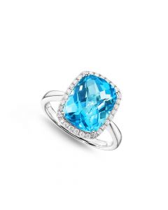 Cushion Blue Topaz Ring 9x12mm Topaz & 0.21ct Diamonds 18K White Gold