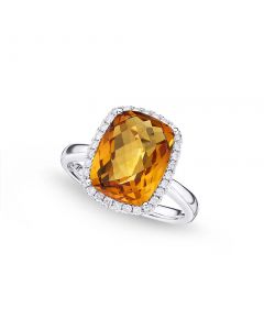 Cushion Citrine Ring 9x12mm Citrine & 0.21ct Diamonds 18K White Gold
