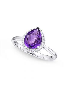 Pear Amethyst Ring 7x9mm Amethyst & 0.14ct Diamonds 18K White Gold
