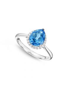Pear Blue Topaz Ring 7x9mm Topaz & 0.14ct Diamonds 18K White Gold