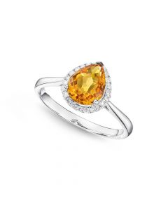Pear Citrine Ring 7x9mm Citrine & 0.14ct Diamonds 18K White Gold