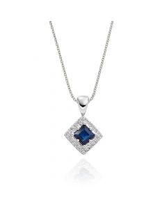 0.30ct Blue Sapphire Pendant Necklace 0.06ct Diamond 18K White Gold
