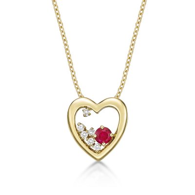 Heart Ruby Pendant Necklace with 0.07ct Diamonds 9K Yellow Gold