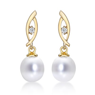 Pearl Drop Earrings Freshwater Pearls & Cubic Zirconia 9K Yellow Gold