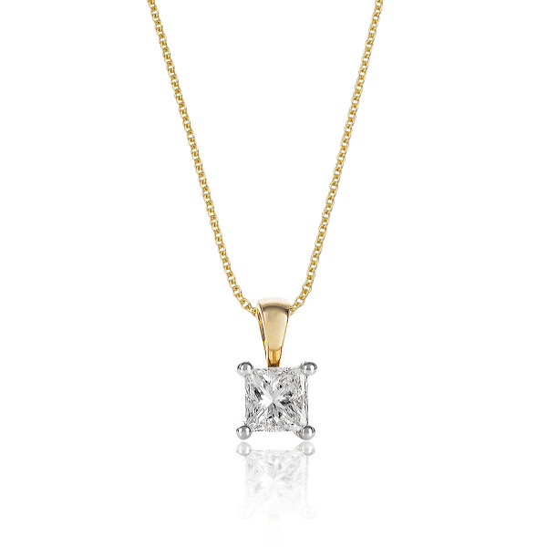 Solitaire 0.30ct 4 Claw Princess Cut Diamond Pendant Necklace In 18K Yellow Gold