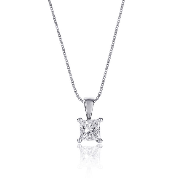 Solitaire 0.30ct 4 Claw Princess Cut Diamond Pendant Necklace In 18K White Gold