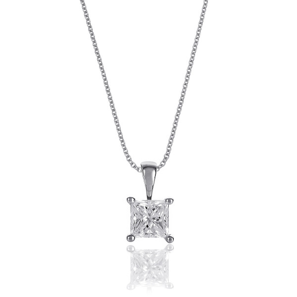 Solitaire 0.40ct 4 Claw Princess Cut Diamond Pendant Necklace In 18K White Gold