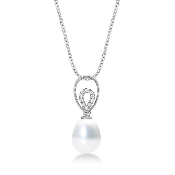 Pearl Necklace Dazzling White Cubic Zirconia Stones in 9K White Gold