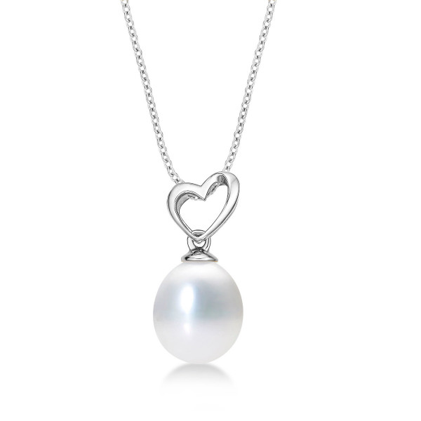 Freshwater Pearl Drop Necklace with Tilting Heart 9K White Gold