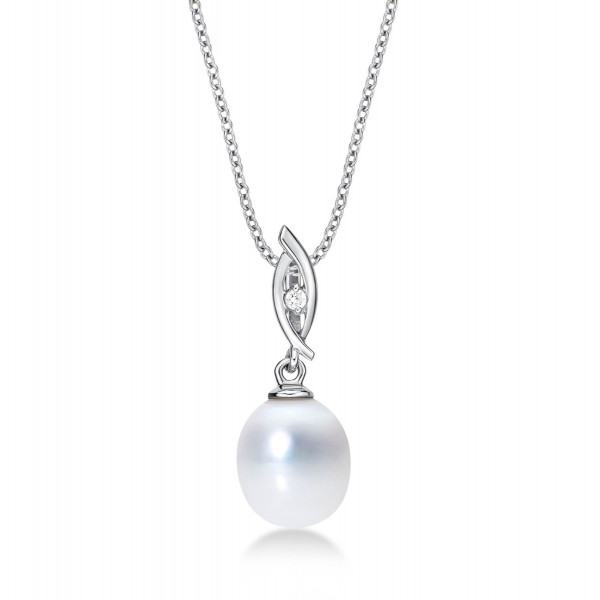 Drop Shaped Pearl Necklace with Cubic Zirconia Stone 9K White Gold