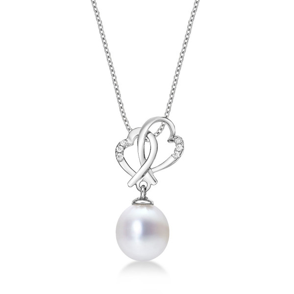 Interlocking Heart & Pearl Necklace with Cubic Zirconia 9K White Gold