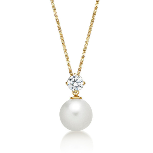 Diamond & Freshwater Pearl Pendant Necklaces in White & Yellow Gold