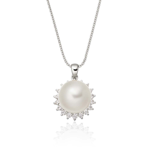 Freshwater Single Pearl Pendant 0.17ct Diamond Halo 9K White Gold